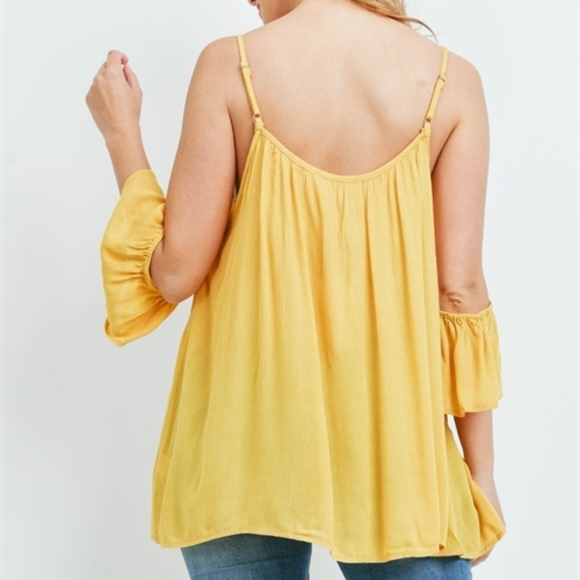 NWT YELLOW EMBROIDERED COLD SHOULDER TOP - Picture 8 of 9